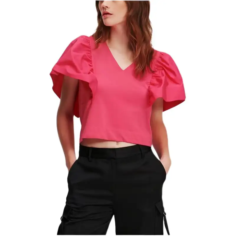 KARL LAGERFELD / Karl Lagerfeld Jeans Puff Sleeve T Shirt Women's Cabernet Sauvignon Pink
