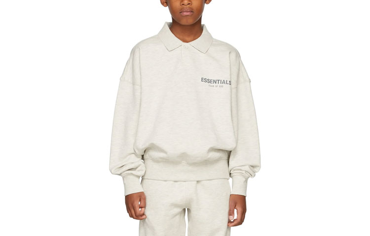Мужская футболка Fear Fear of God Essentials FW21 Kids Off-White French Terry Long Sleeve Polo OatmealPolo (серо-белая)