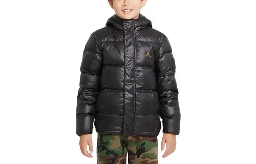 Jordan Sports children's black down jacket with hood, children's clothing, with your logo imprint