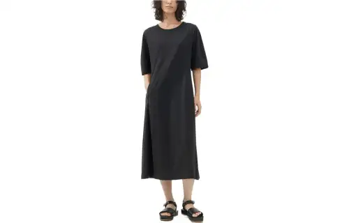 UNIQLO Short Sleeved Dresses Women's Black Crew Neck Moderate Mid Length