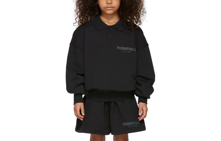 Женская футболка-поло Fear Fear of God Essentials FW21 Kids Black French Terry Long Sleeve Polo Polo (черная)