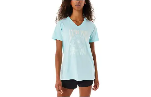 ASICS Sunflower Slogan T Shirts Women's Blue V Neck Moderate Straight Fit