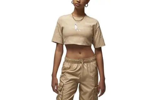 Jordan Artist Series By Parker Duncan Crop Tops Women's Khaki Crew Neck Moderate