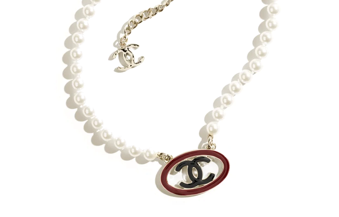 CHANEL 24P Metal, Artificial Pearl Necklaces Women's Red