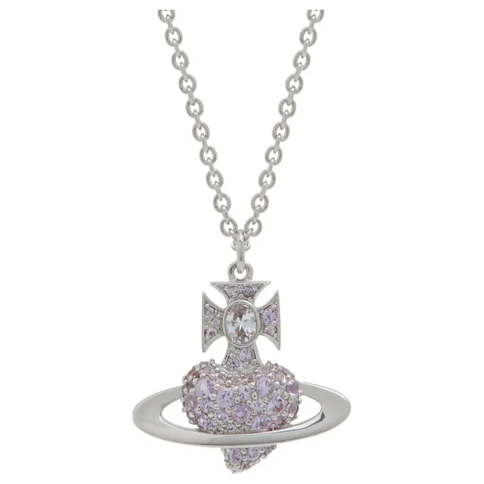 Vivienne Westwood Pave Diamond 3D Effect Heart Saturn Logo Pendant Necklace Women's Silver/Purple