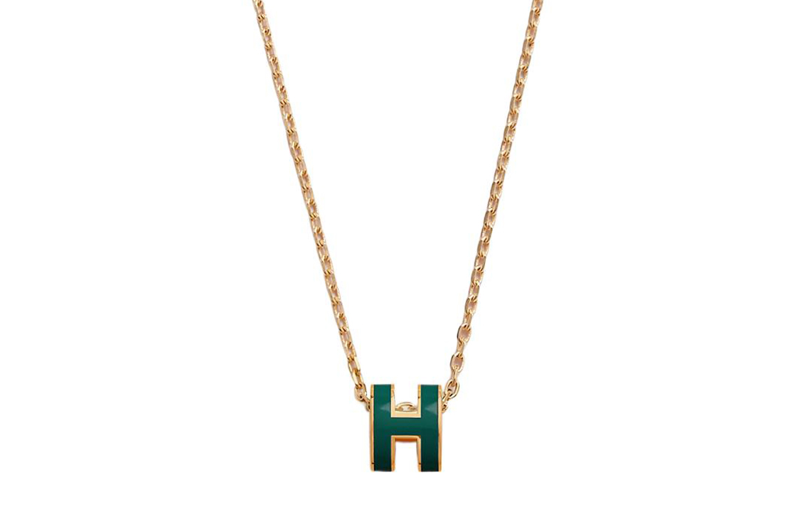 HERMES POP H Lacquered Finish Metal, Gold Plated Metal Necklaces Women's Green