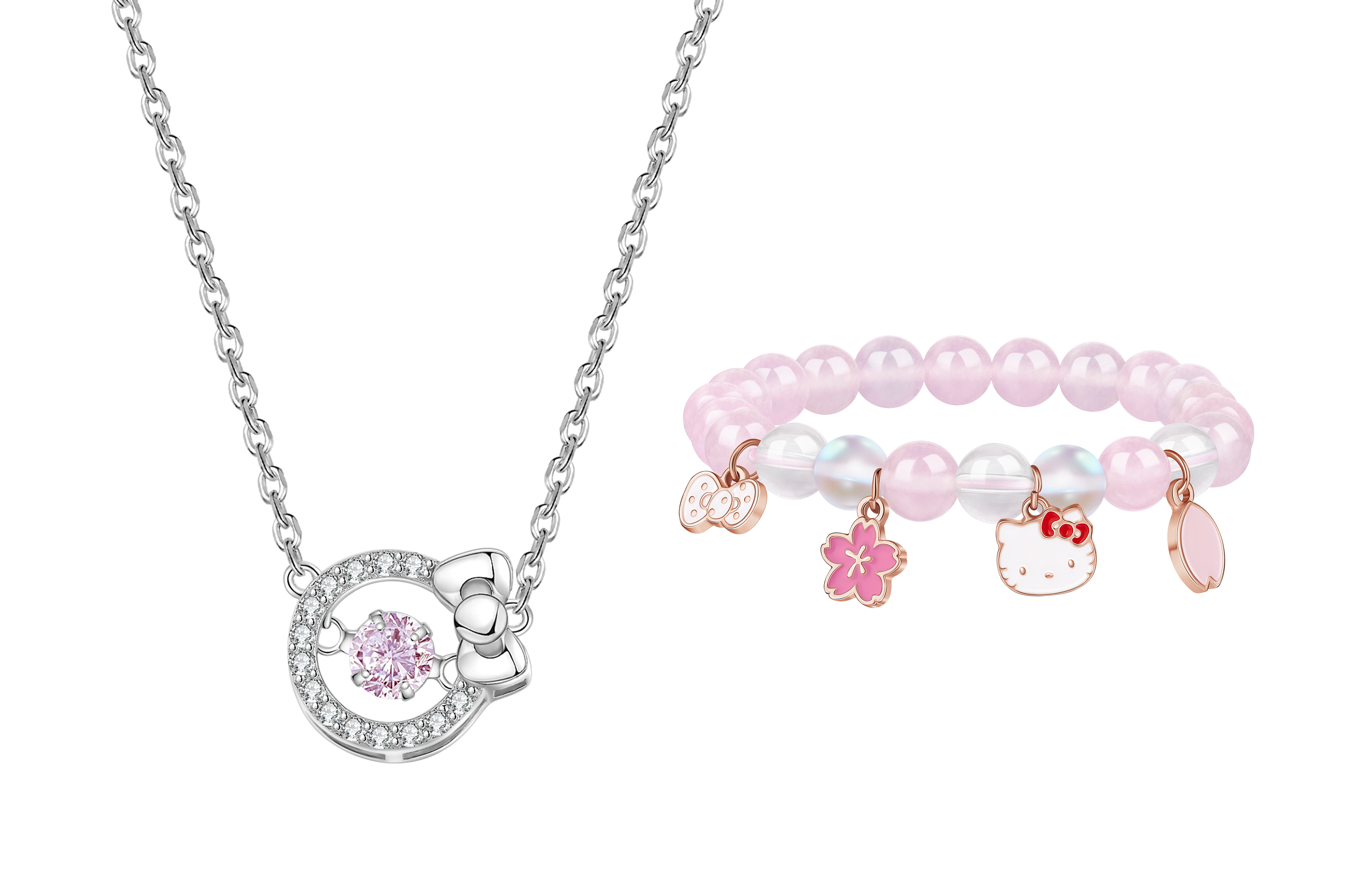 Hello Kitty Hello kitty, sanrio, sophisticated shiny cute high quality universal synthesized necklace with bow, fuchsia gift box, light luxury style, simple and elegant design, silver 925 sample