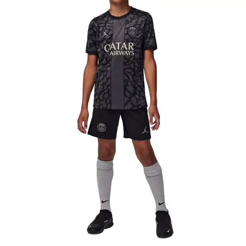 Jordan X PSG co-branded casual sports suit Paris Saint-Germain 23-24 season third away game burst pattern logo print Dri-FIT short-sleeved football uniform black children's style