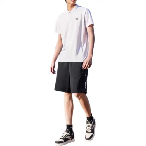 ANTA Casual Sportswear Unisex Set Snowflake White Short Sleeved Shirt+Black Shorts Polo Collar Moderate