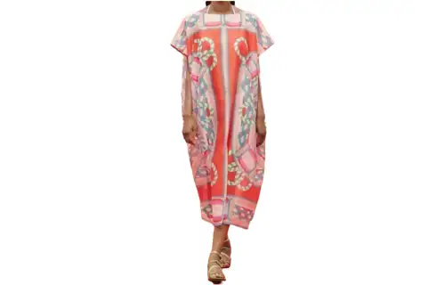 HERMES Short Sleeved Dresses Women's Multicolor Crew Neck Moderate Mid Length