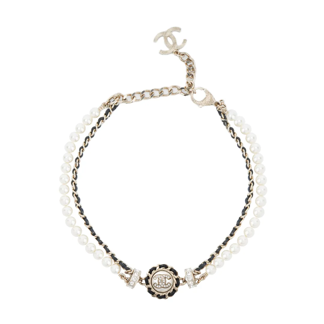 Chanel 2021 Cc Plated Faux Pearl and Rhinestone Medallion Chain Necklace costume necklace