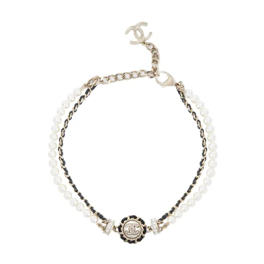 Chanel 2021 Cc Plated Faux Pearl and Rhinestone Medallion Chain Necklace costume necklace