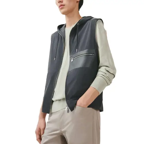 HERMES Vests Men's Blue Gray Hooded Non Detachable Moderate Other