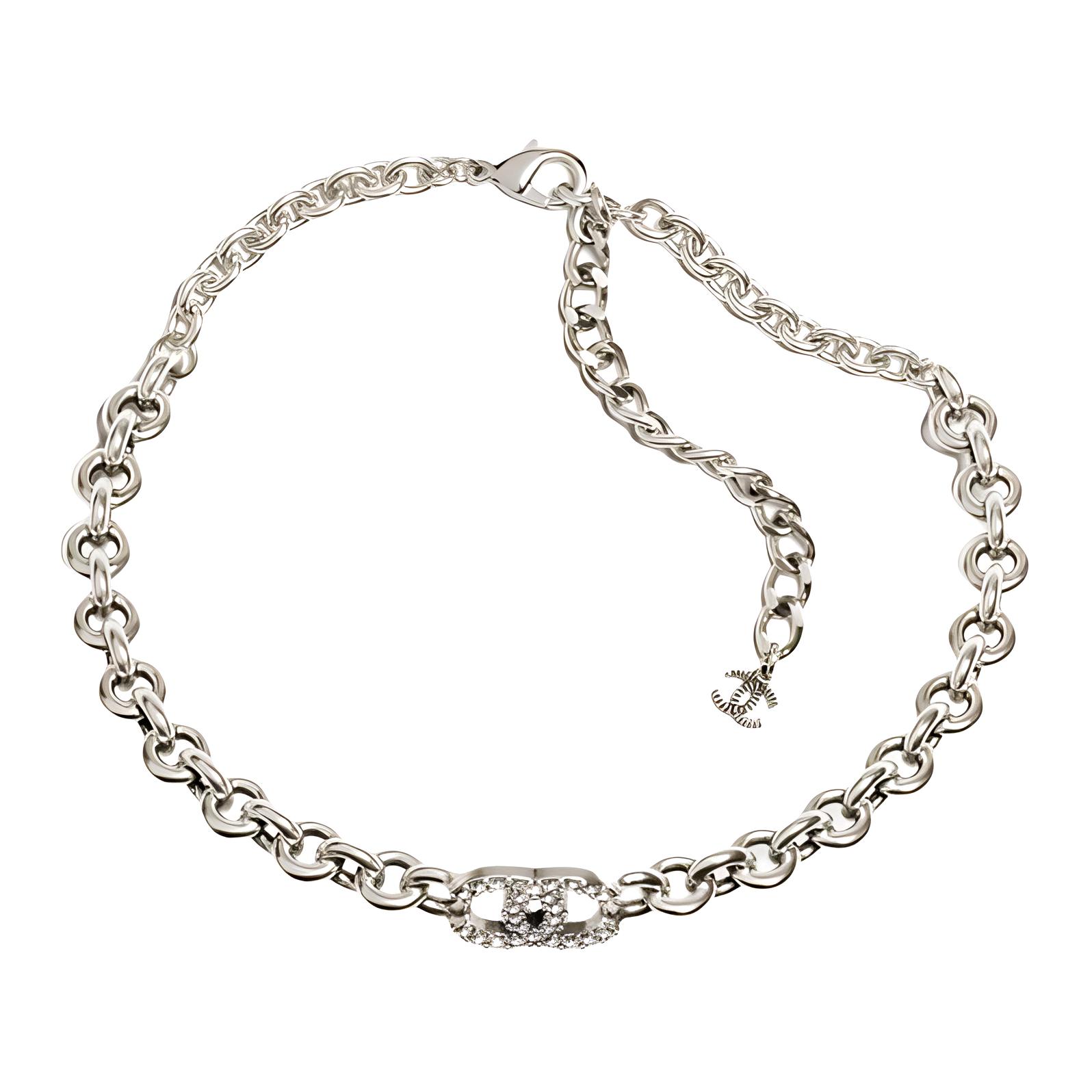 CHANEL 24A Metal, Silver, Rhinestone, Crystal Necklaces Unisex Silver
