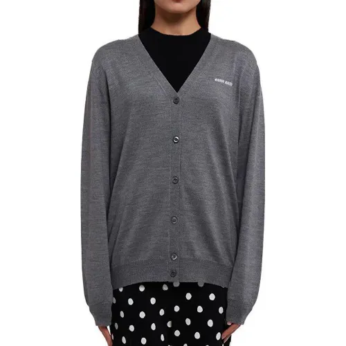 MIU MIU Knitwear Women's Gray V Neck Moderate Cardigan