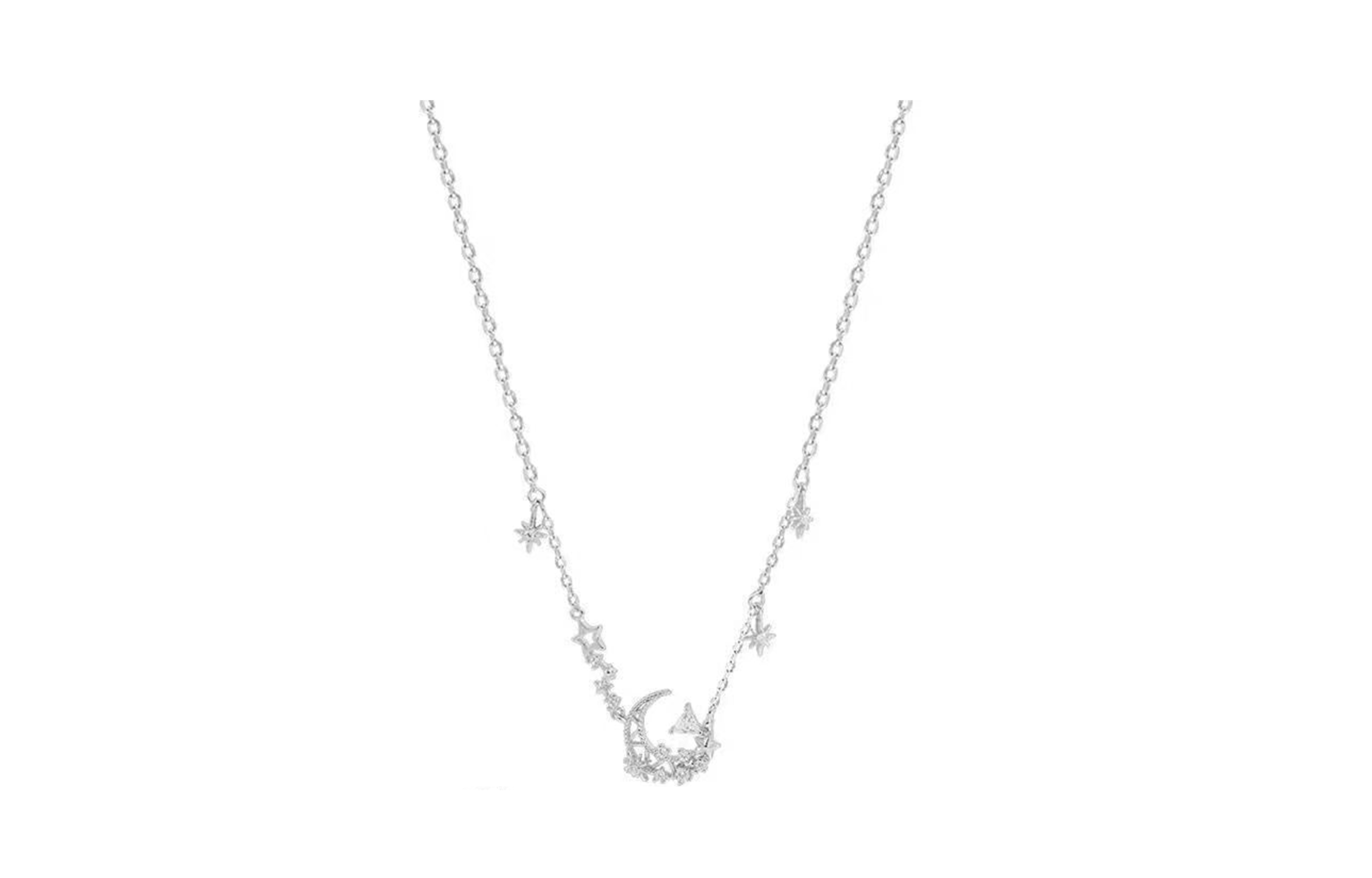 IOTS Elegant little fresh treasure girlish feeling sparkling diamonds and bright star and moon pendant pull out Korean style simple and versatile temperament sweet style alloy necklace for women