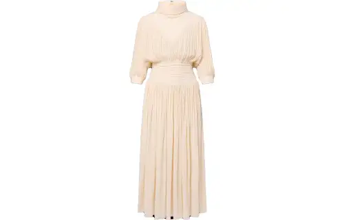 LOUIS VUITTON Fold-over Collar Gathered Silk Midi Dress