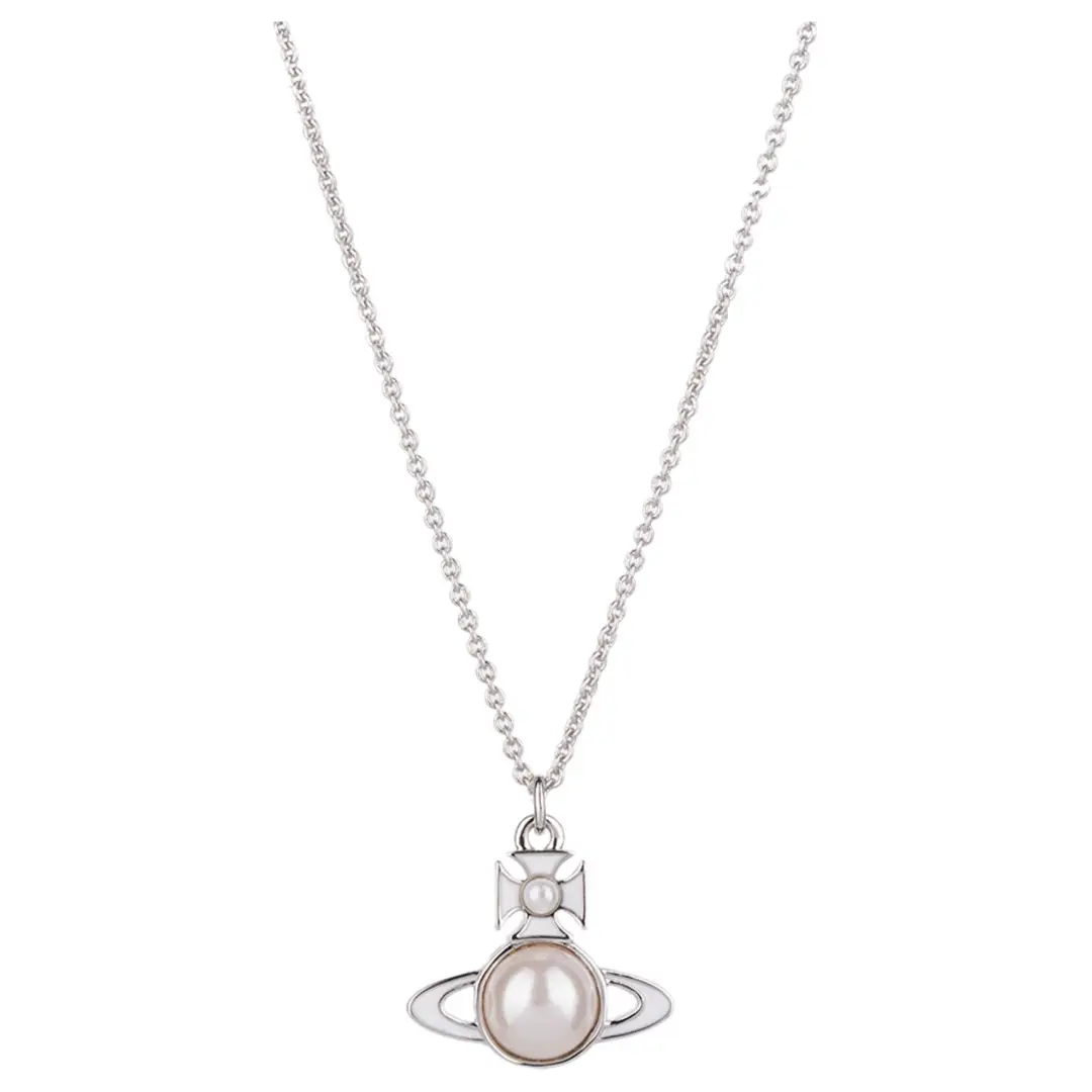 Vivienne Westwood Decorative Pearl Saturn Ceramic Enamel Pendant Necklace Women's Silver