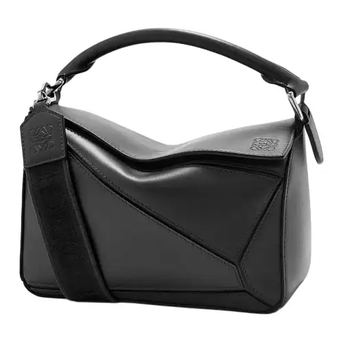 LOEWE Puzzle Satin Cow Leather Handbag, Shoulder Bag, Crossbody Bag Small Women's Black
