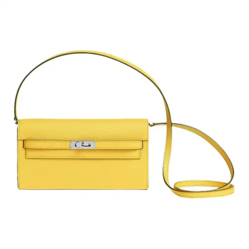 HERMES Kelly To Go Silver Tone Buckle Epsom Leather Crossbody Wallet Regular Women's 9O Jaune De Naples Yellow