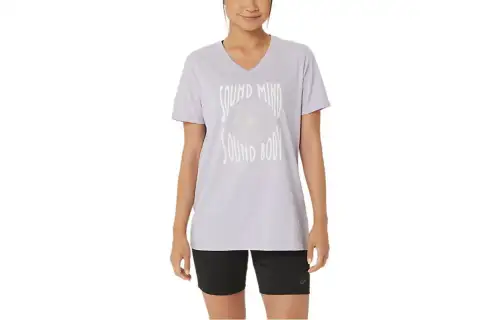 ASICS Sunflower Slogan T Shirts Women's Purple V Neck Moderate Straight Fit