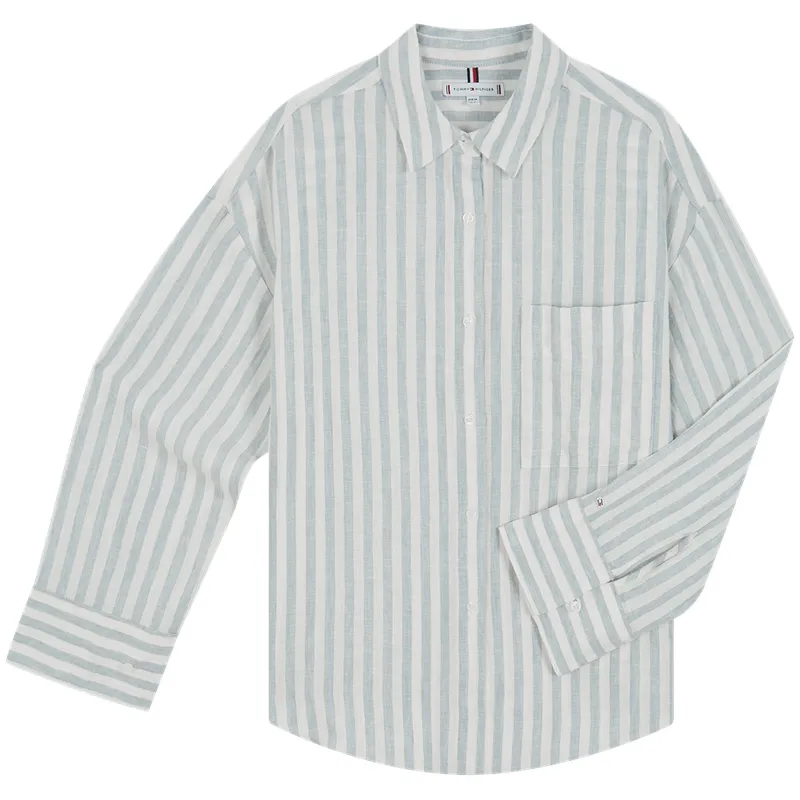 Tommy Hilfiger Shirts Women's Gray Blue White Stripes 0K5 Lapel Moderate