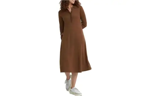 UNIQLO Long Sleeved Dresses Women's Chestnut Polo Collar Moderate Mid Length