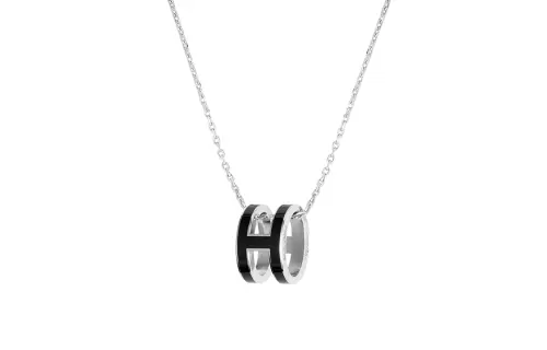 HERMES POP H Pendant Lacquered Metal Necklaces Women's Silver/Black