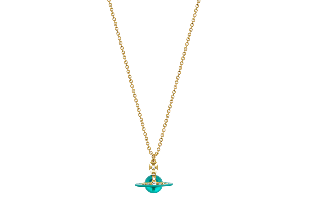 Vivienne Westwood Tiny original orb Saturn Turquoise Green Sphere Color Orbital Pendant Brass Swarovski Crystal Necklace Men and Women Same Style Couple Gold