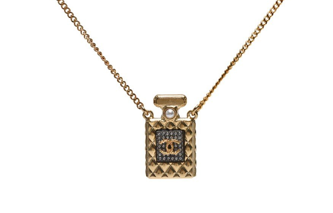 Chanel 2020 Cc Plated Crystal and Faux Pearl Perfume Bottle Pendant Necklace costume necklace