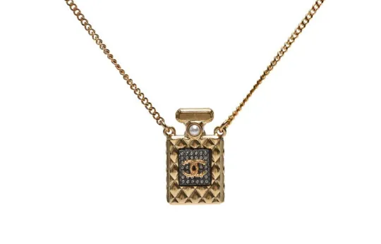 Chanel 2020 Cc Plated Crystal and Faux Pearl Perfume Bottle Pendant Necklace costume necklace