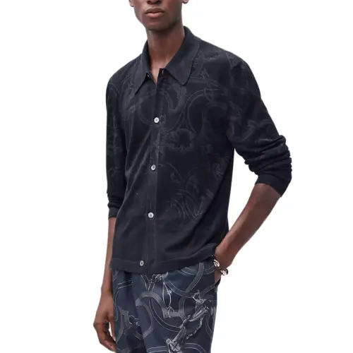 HERMES Shirts Men's Marine Blue Lapel Moderate Other