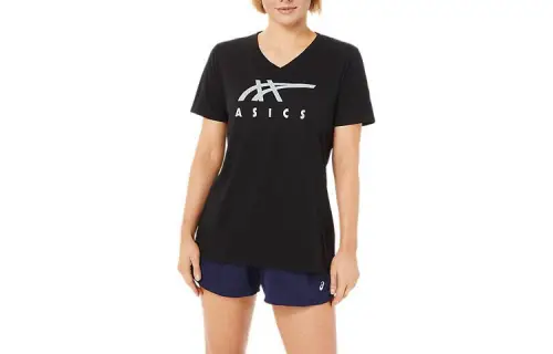 ASICS STRIPES V NECK T Shirts Women's Black V Neck Moderate Other