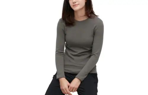 UNIQLO T Shirts Women's Sky Gray Crew Neck Thickened And Fleece Lined Straight Fit