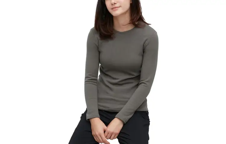 UNIQLO T Shirts Women's Sky Gray Crew Neck Thickened And Fleece Lined Straight Fit