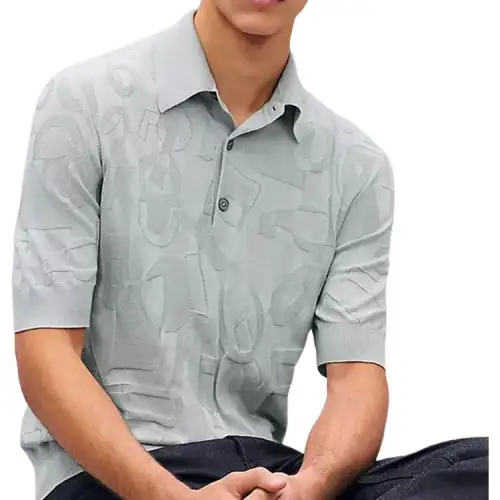 HERMES Polo Shirts Men's Cyan Polo Collar Moderate Straight Fit