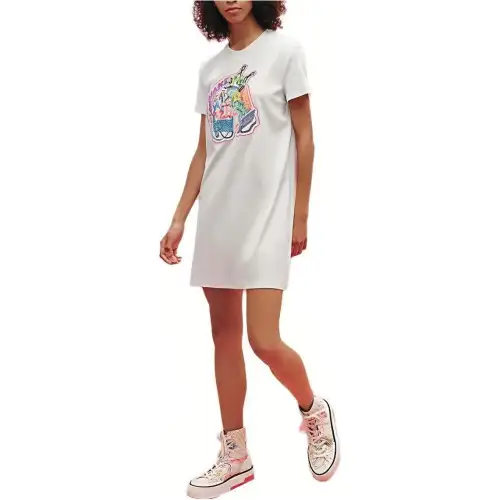 HERMES Short Sleeved Dresses Women's White Crew Neck Moderate Short