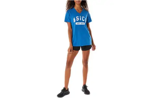ASICS EST 1977 T Shirts Women's Lake Light Blue Crew Neck Moderate Straight Fit