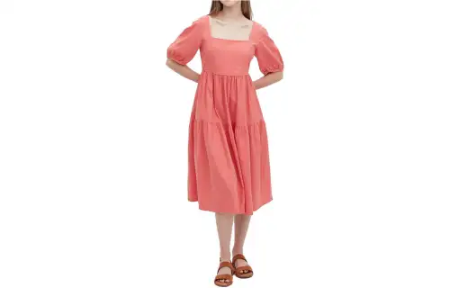 UNIQLO Short Sleeved Dresses Women's Peach Pink Square Collar Moderate Mid Length