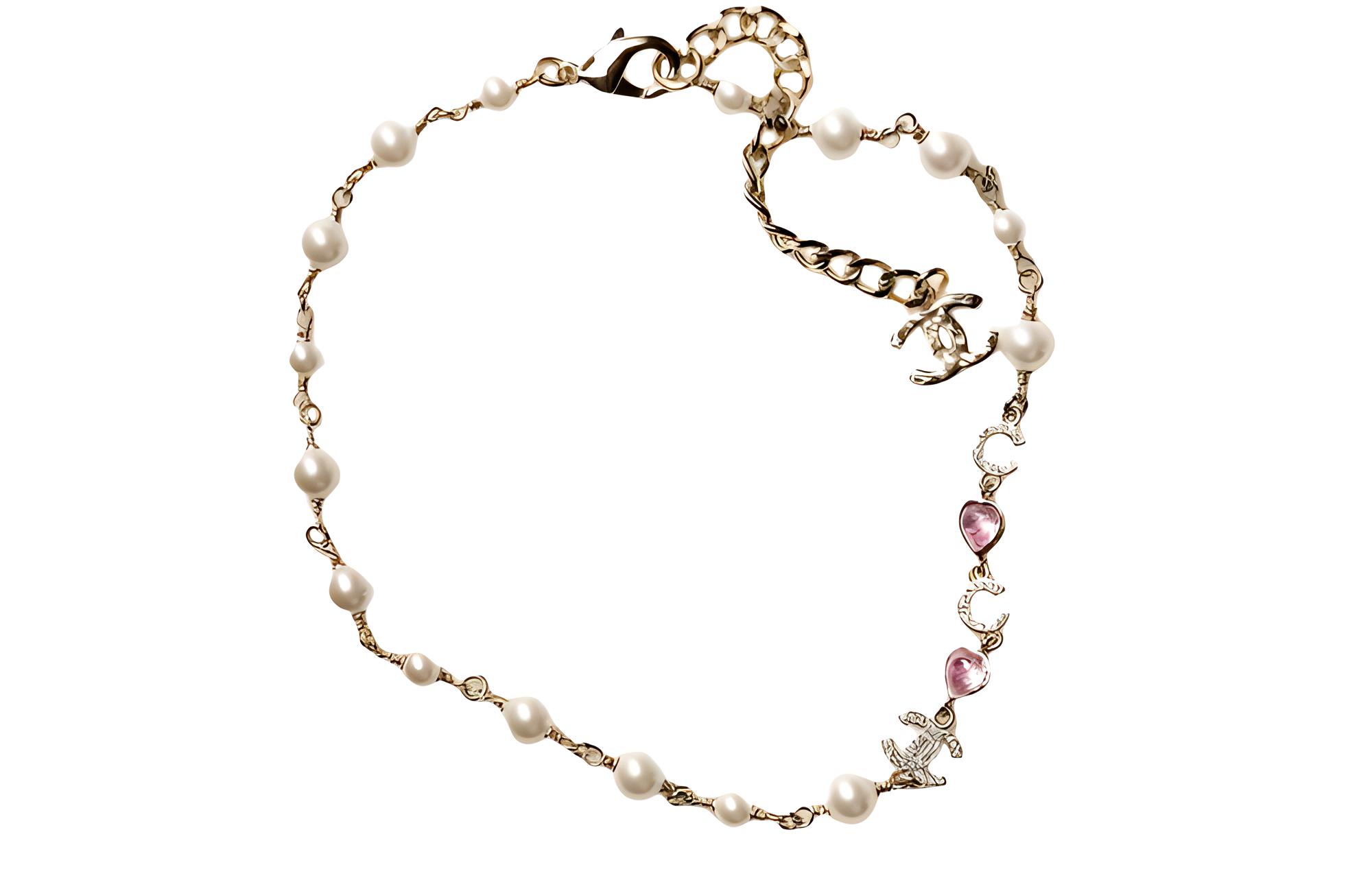 CHANEL Fashion Trend Pink Crystal Pearl Necklace Women's Gold