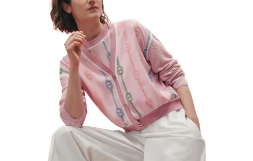 HERMES Knitwear Women's Light Pink V Neck Moderate Cardigan