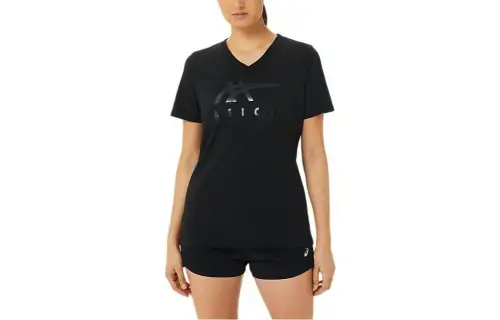 ASICS STRIPES V NECK T Shirts Women's Black V Neck Moderate Straight Fit