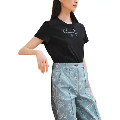 HERMES T Shirts Women's Black Crew Neck Moderate Straight Fit