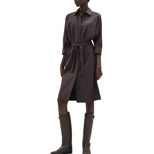 HERMES Long Sleeved Dresses Women's Brown Square Collar Moderate Mid Length