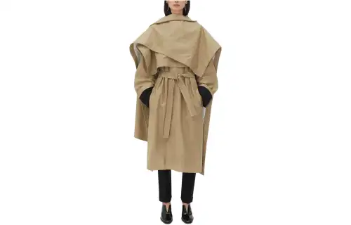 Bottega Veneta Leather Cape With Check Lining Trench Coat Women's Khaki
