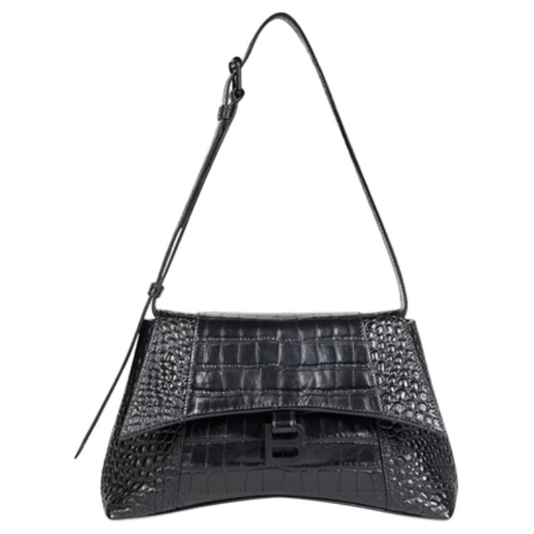 Balenciaga Downtown Crocodile Embossed Calfskin Handbag, Shoulder Bag, Crossbody Bag Small Unisex Black