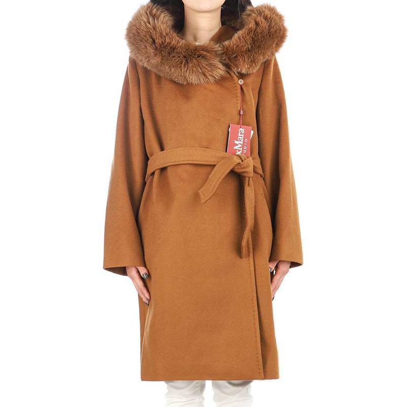 MaxMara Серия манго сплошной цвет капюшон один с пуговицами фасон средней длины стиль пальто женский коричневый