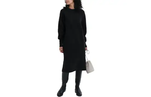 UNIQLO Long Sleeved Dresses Women's Black Crew Neck Moderate Mid Length