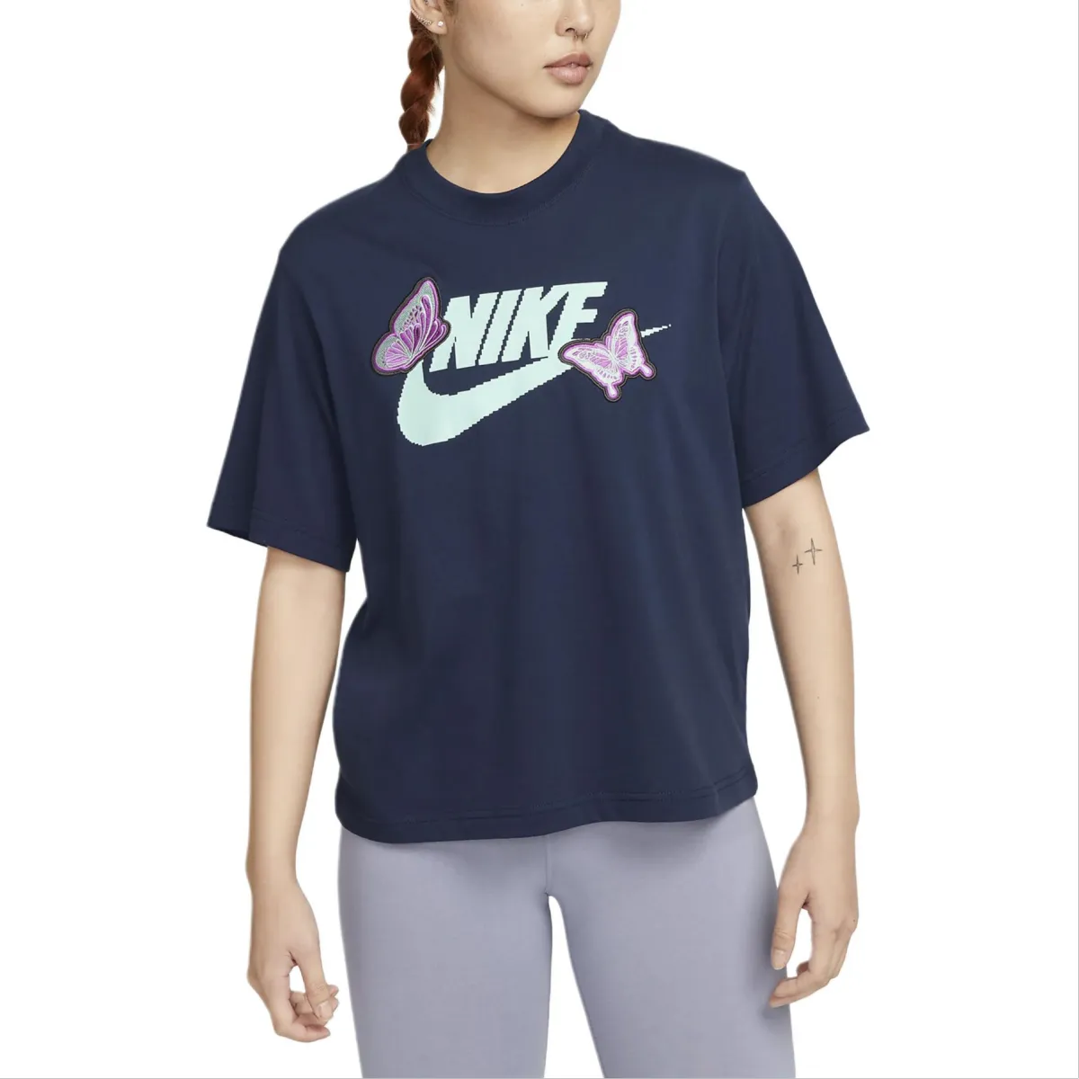 Nike Women'ss Butterfly Print Crewneck T-Shirt Navy