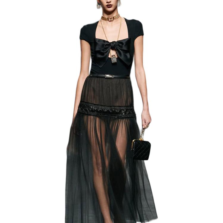 CHANEL Bodysuits Women's Black Square Collar